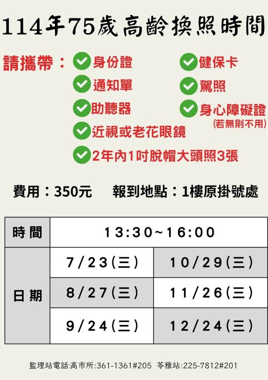 114下半年75歲高齡換照時間如下：7/23(三)、8/27(三)、9/24(三)、10/29(三)、11/26(三)、12/24(三)  請攜帶身分證、健保卡、通知單、駕照、助聽器、身心障礙證(若無則不用)、近視或老花眼鏡。  體檢費用：350元，報到地點：1樓原掛號處。